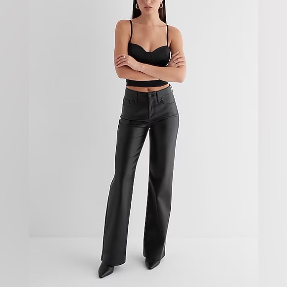Express Black High Waisted Faux Leather Wide Leg Pant Size 2 Worn Once - Picture 1 of 6